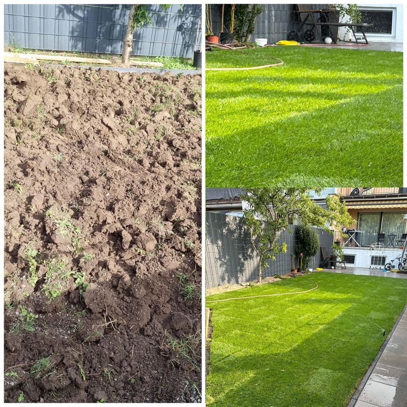 Garten vorher und nachher: umgegrabene Fläche und neuer Rasen